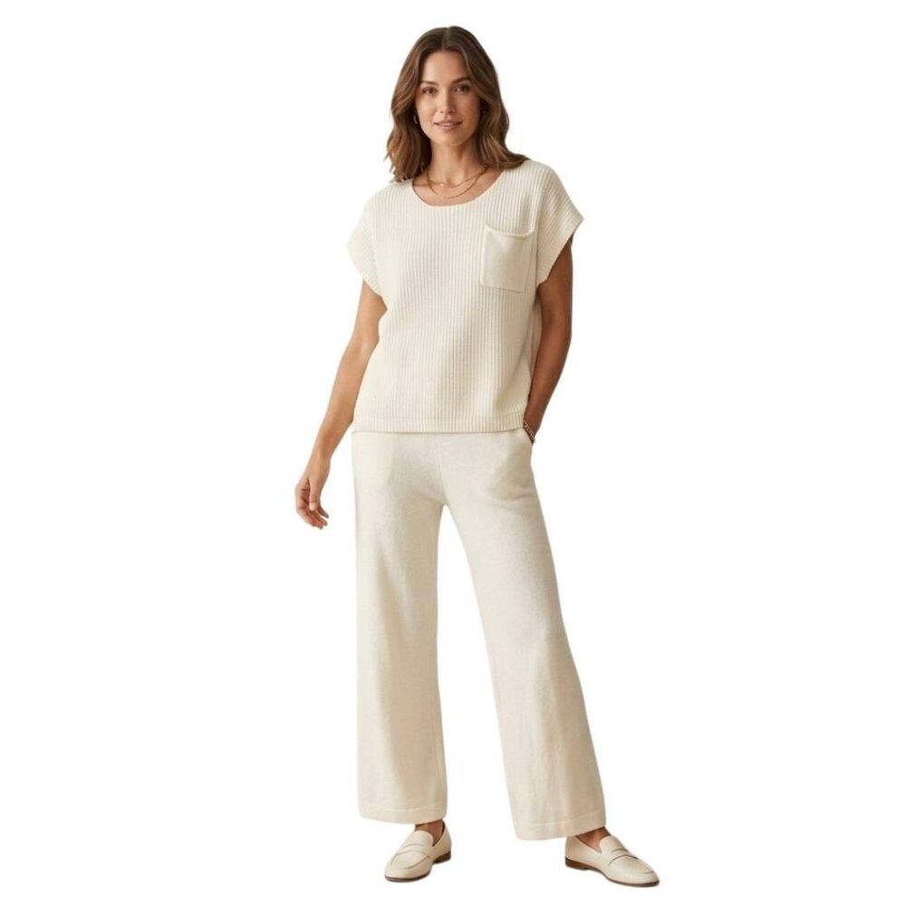 Sincerely Jules Cream Cotton/Acrylic Ribbed Knit Loungewear Set - Top & Wide-Leg